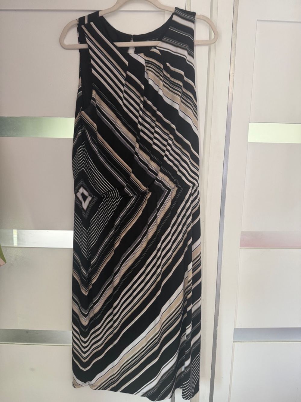 White House Black Market Sleeveless Black & Beige Striped Midi Dress 14